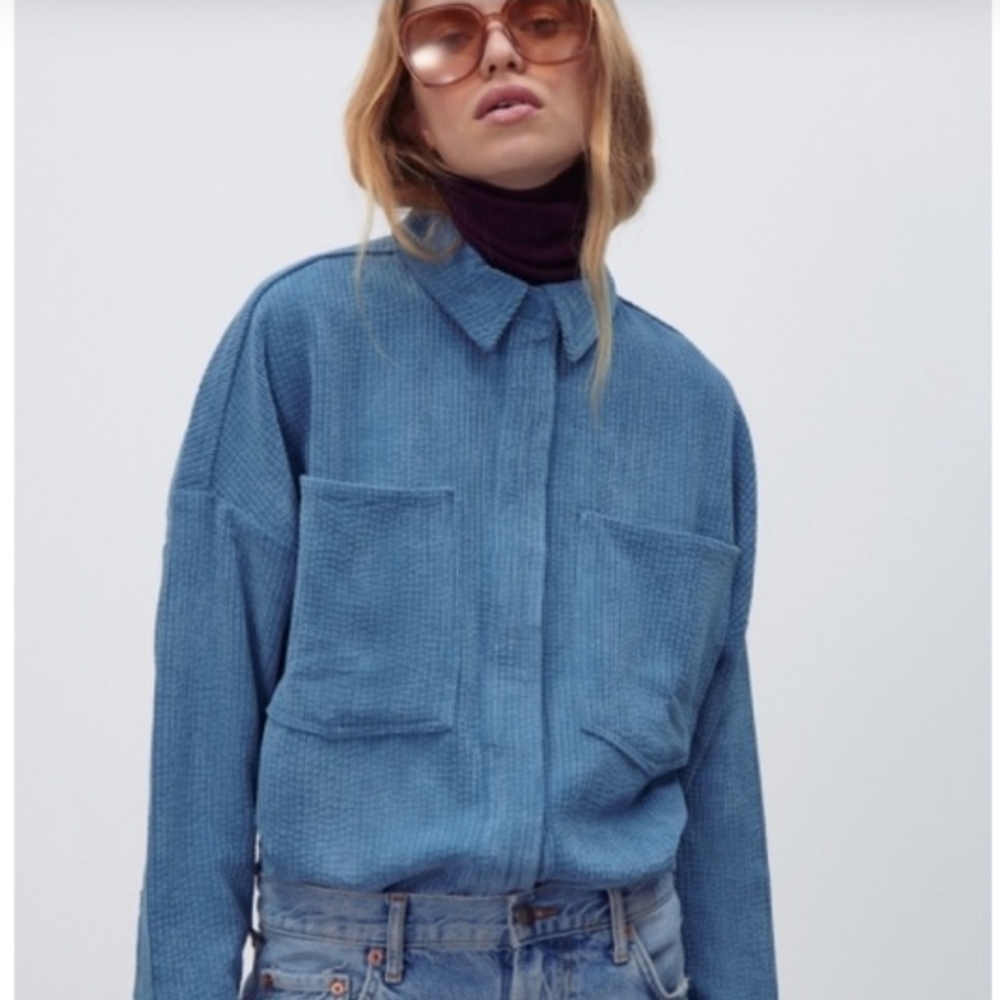 Zara Blue Overzised Button Down Shirt Jacket